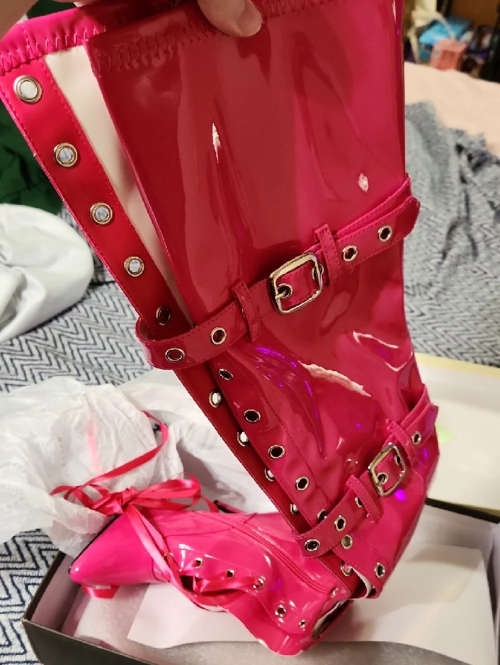 Seduce Patent Over-the-Knee Lace-Up Boots in Hot Pink - Picture 8 of 11